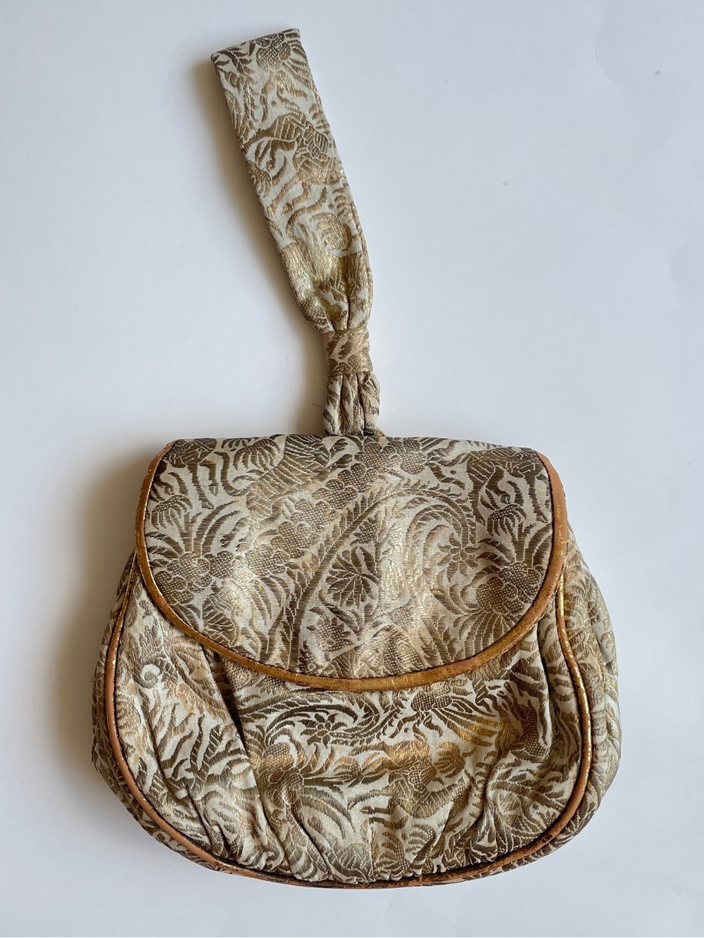 Gump's San Francisco Vintage Brocade Evening Bag Gold Silk Wristlet Clutch 70s